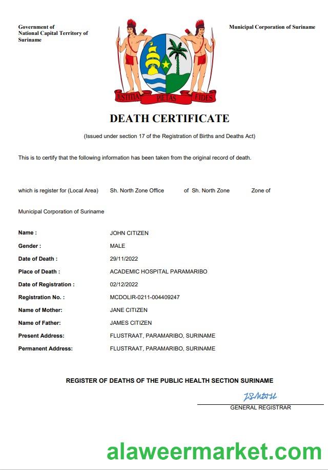 Suriname death certificate Word and PDF template